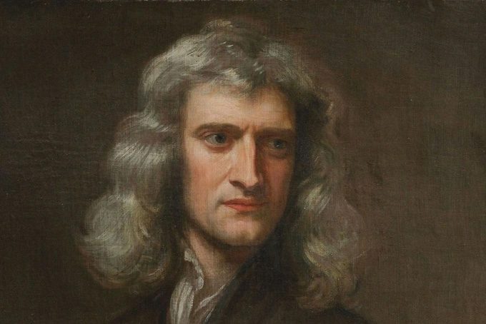 Portrait of Isaac Newton through a painting.