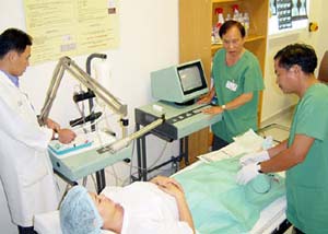 Urodynamic examination for a woman with urinary incontinence.
