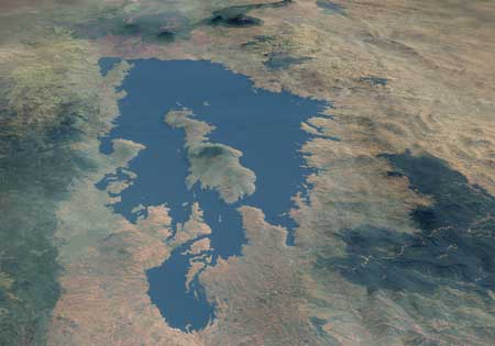 NASA satellite image of Lake Kivu and the nearby volcano