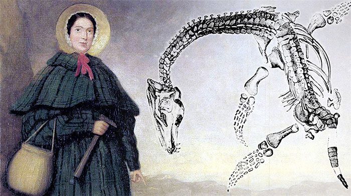 Mary Anning and the complete skeleton of a snake-headed lizard she discovered.