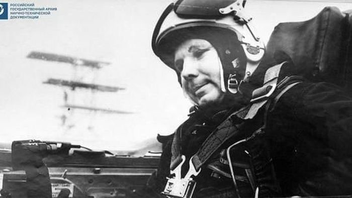 Astronaut Yuri Gagarin in the cockpit of a MiG-15.