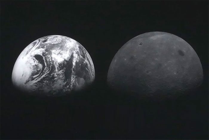 Images of Earth (left) and the Moon captured by the unmanned spacecraft Danuri