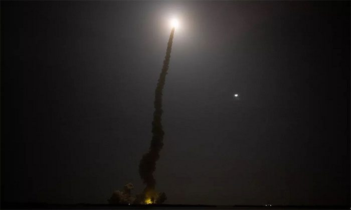 The powerful boosters of the SLS created a massive plume of smoke in the sky.