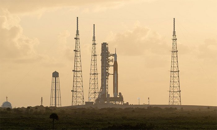 The Space Launch System (SLS) at launch pad 39A at Kennedy Space Center.