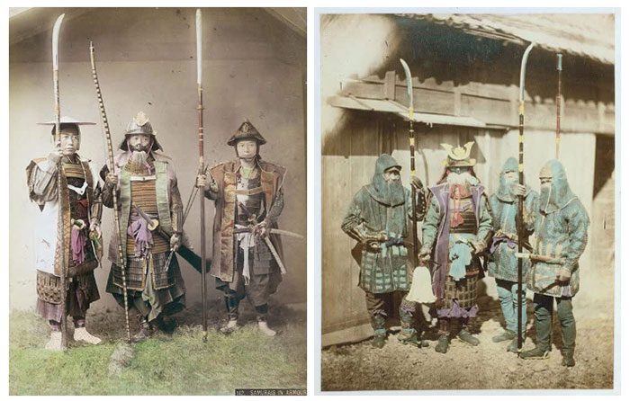 Samurai warriors in armor wielding combat weapons