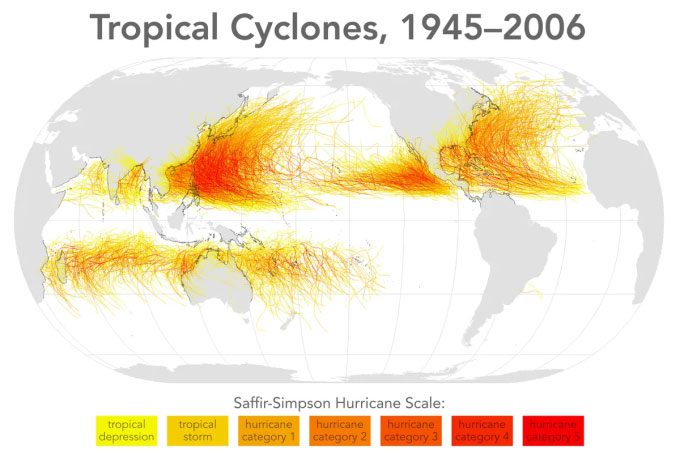Tropical storms from 1945 to 2006 avoid the equator.