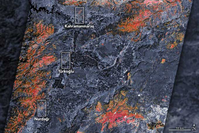 Satellite map of earthquake damage in southern Turkey.