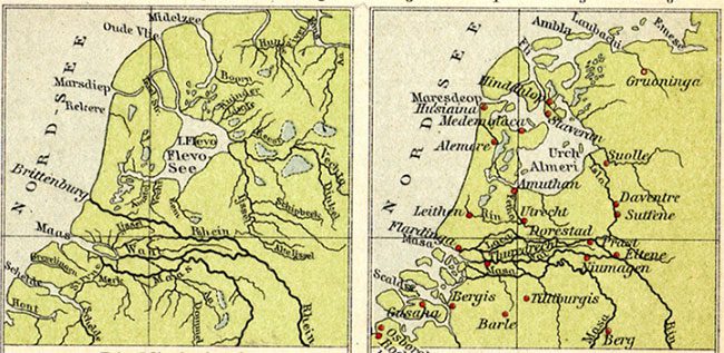 Map showing the development of the Zuiderzee in the Netherlands before and after the St. Lucia Flood.