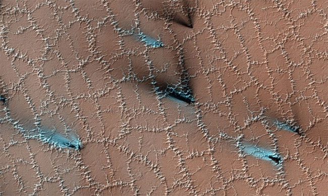 Water ice divides the land into many beautiful polygonal shapes.