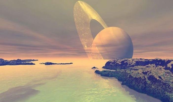 Simulation of Titan's surface with Saturn on the horizon