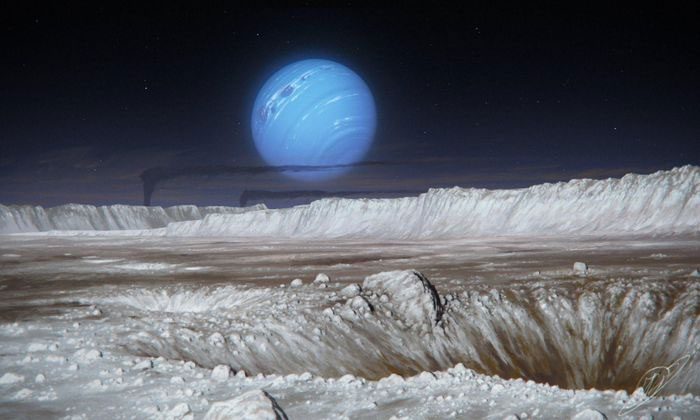 Simulation of Triton's surface with Neptune on the horizon.
