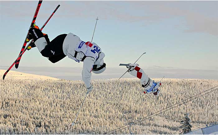 Skiers competing in the World Cup freestyle skiing.