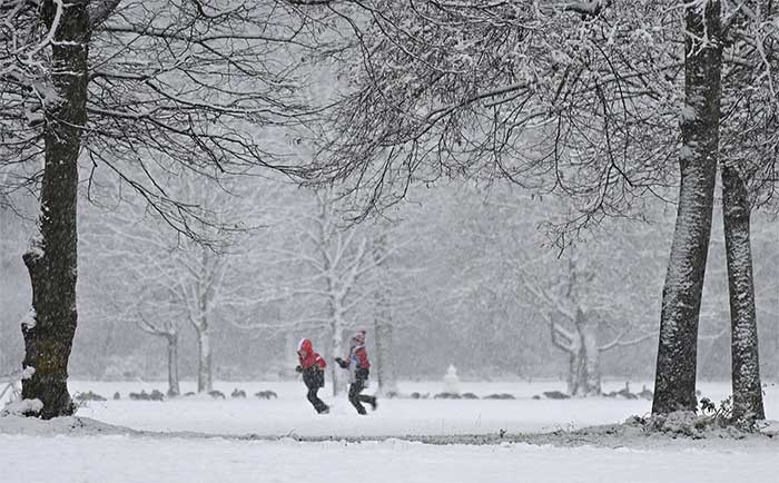 Children playing in a snow-covered park.