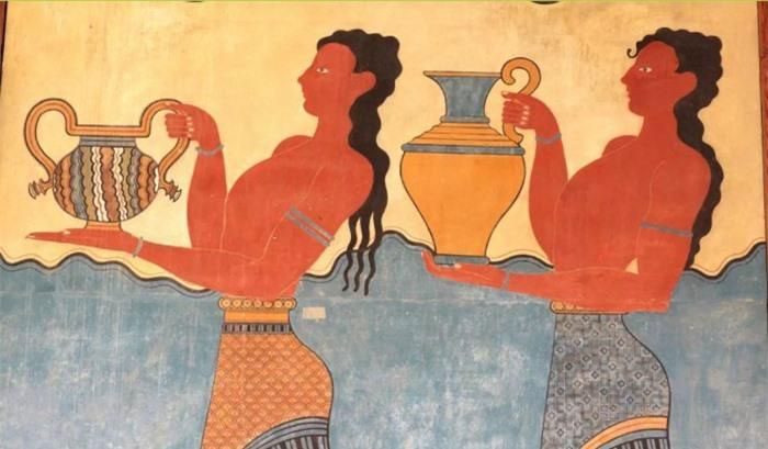 A mural depicting people holding bronze items