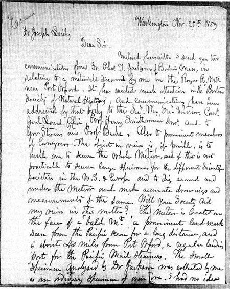John Evans' 1859 letter discussing the discovery of the meteorite.