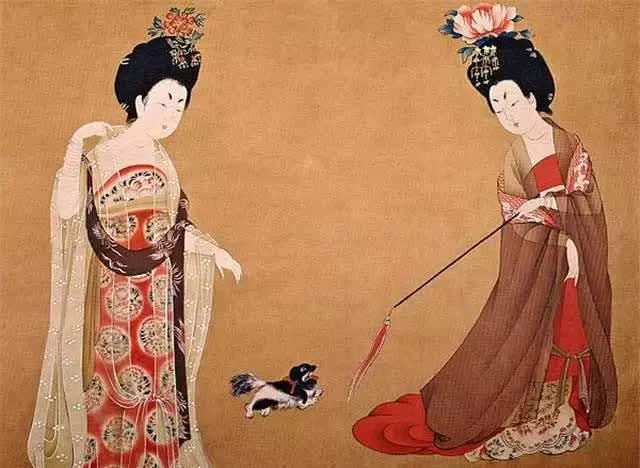 The painting 'Women with Flower Hairpins' from the Tang Dynasty by artist Zhu Feng.