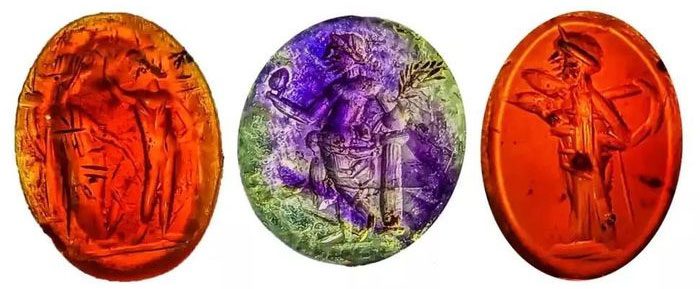 A trio of gemstones found at a Roman bathhouse in England.