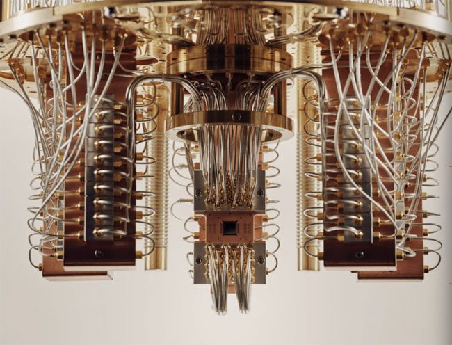 "Chandelier" inside the quantum computer designed to cool the processor chip at ultra-cold temperatures.