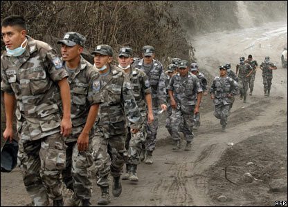 Military assisting in the evacuation of residents from the volcano area