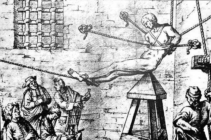 Illustration of a prisoner being tortured by the Judas chair.