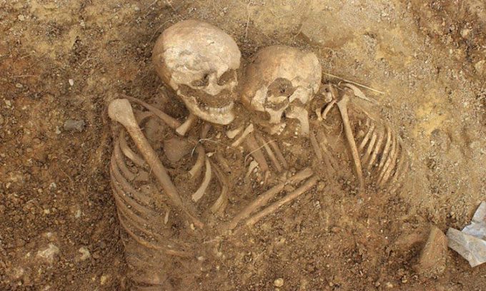 Two skeletons buried next to each other at the newly excavated cemetery in Garforth.
