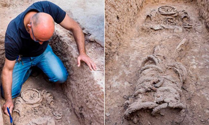 The chained remains of an Eastern Roman monk excavated at Khirbat el Masani.