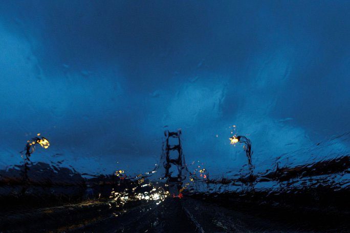 The famous Golden Gate Bridge in San Francisco shrouded in heavy rain on January 5