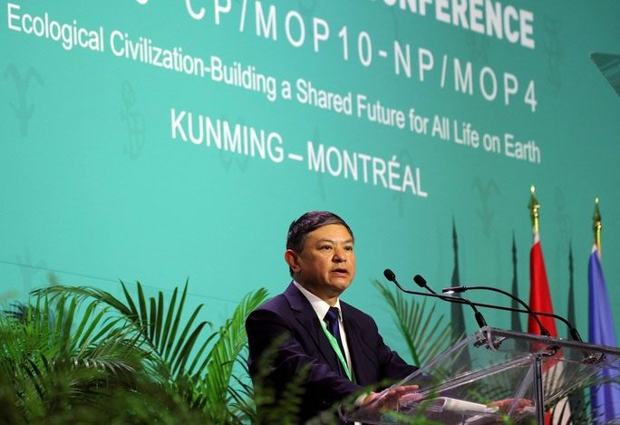 Chinese Minister of Ecology and Environment, Huang Runqiu, speaks at the conference.