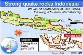 Map showing the location of the 7.2 magnitude earthquake that caused the tsunami in West Java, Indonesia