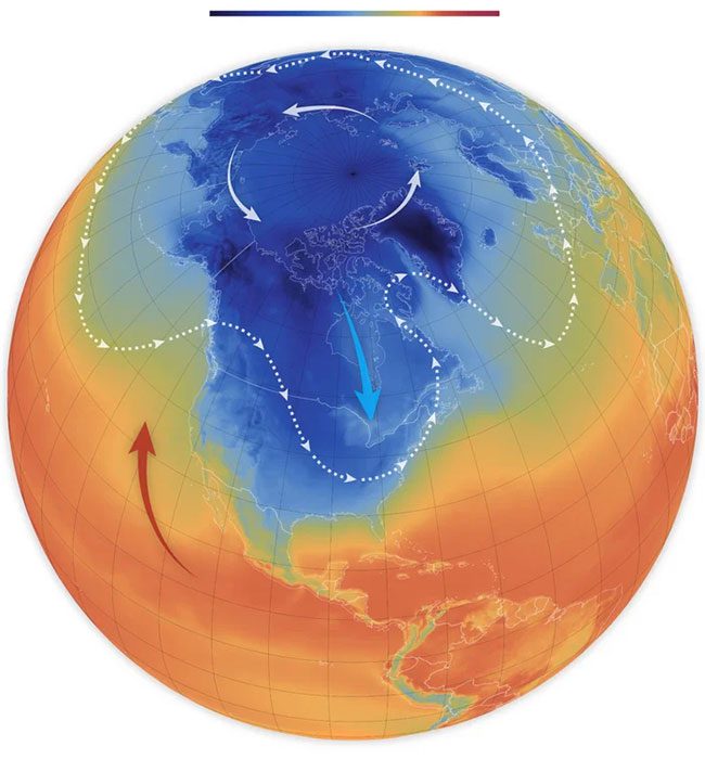 Illustration of cold air from the Arctic being pushed down to North America.
