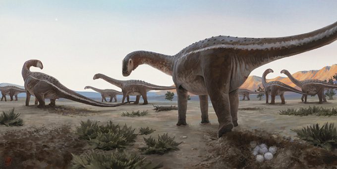 Simulation of a herd of Titanosaur dinosaurs nesting.