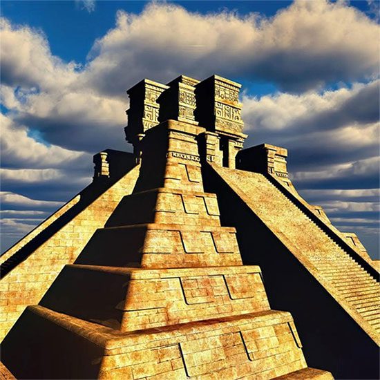 Graphic depicting a pyramid in an ancient Maya city