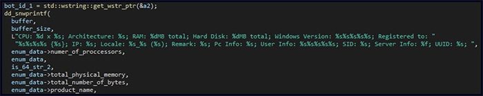 System data sent to the malware server