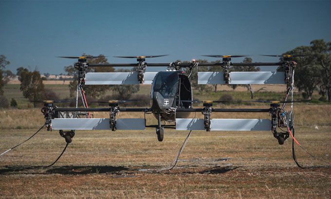 The Vertiia aircraft prototype performing tethered flight testing in February 2023.