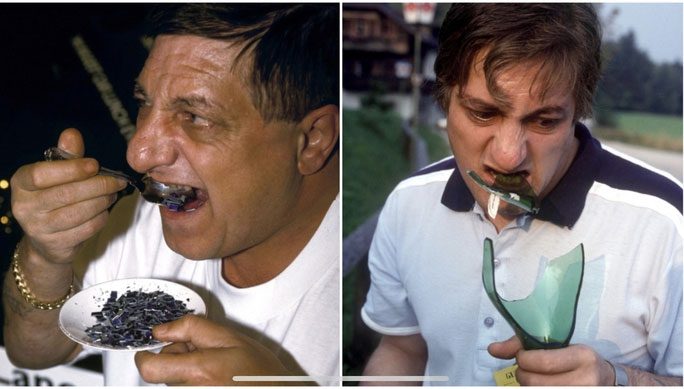 Michel Lotito consuming metal and glass throughout his life.