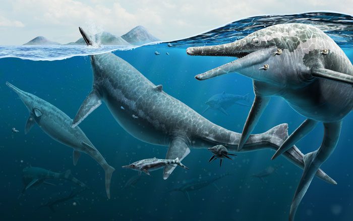 Ichthyosaurs and their young swimming in ancient seas