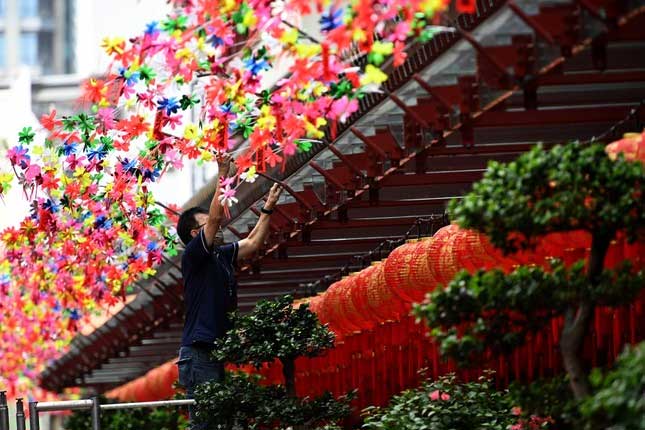 Busy decorating Chinatown in Singapore.