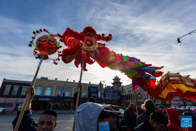 Lion dance celebrating the New Year in Chicago.