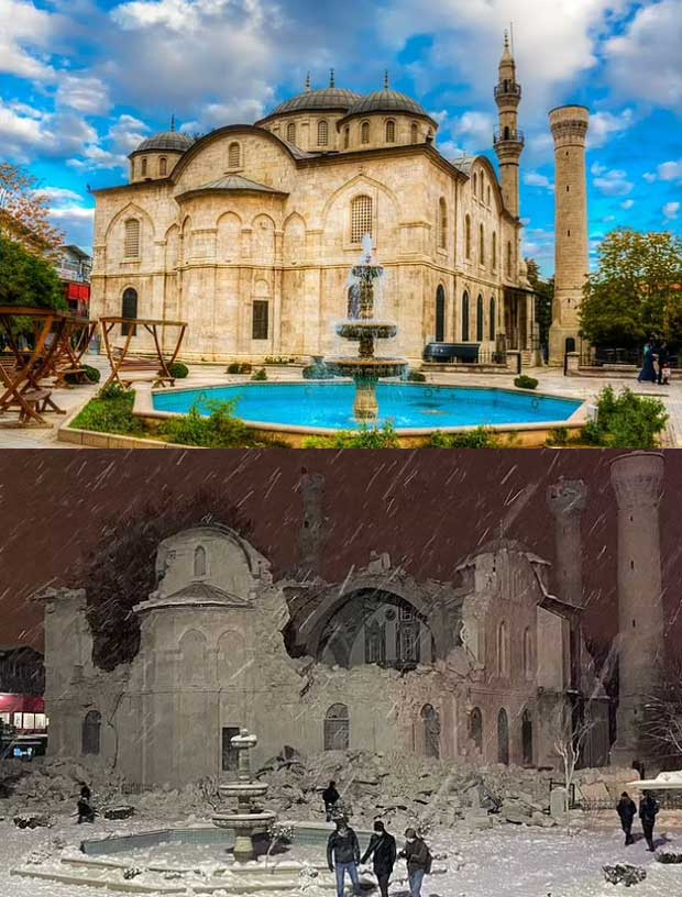 Haji Yusuf Mosque in Malatya before and after the earthquake