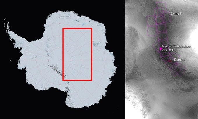 The area recording the coldest temperature in the world in Antarctica.
