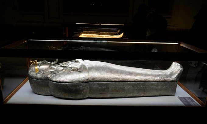 The silver coffin of Pharaoh Psusennes I displayed at the Egyptian Museum in Cairo on February 20, 2023.