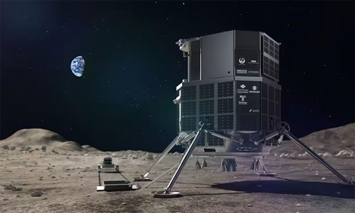 Simulation of the Rashid rover and Hakuto-R lander on the surface of the Moon.