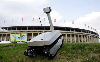 An OFRO robot on duty outside the stadium in Berlin.