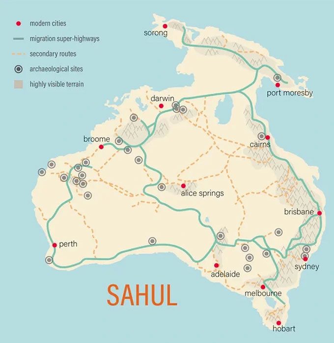 Routes and population distribution in Sahul.