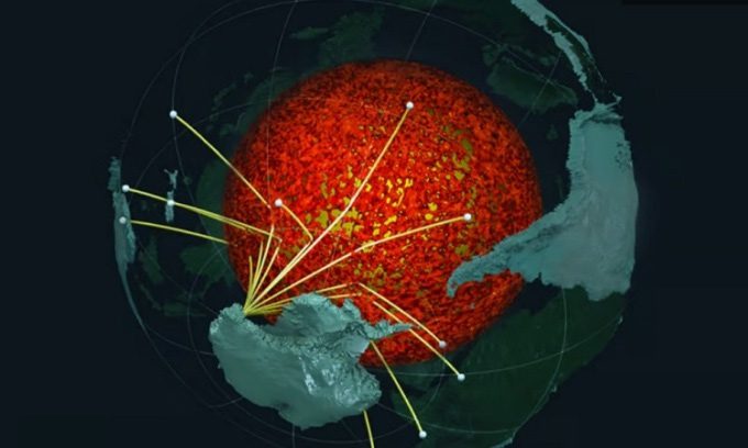 Researchers collecting seismic wave data in Antarctica.