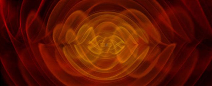 Illustration showing gravitational waves released when two supermassive black holes merge