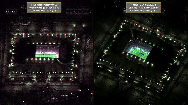 Al-Bayt Stadium in Qatar at night during the 2022 World Cup