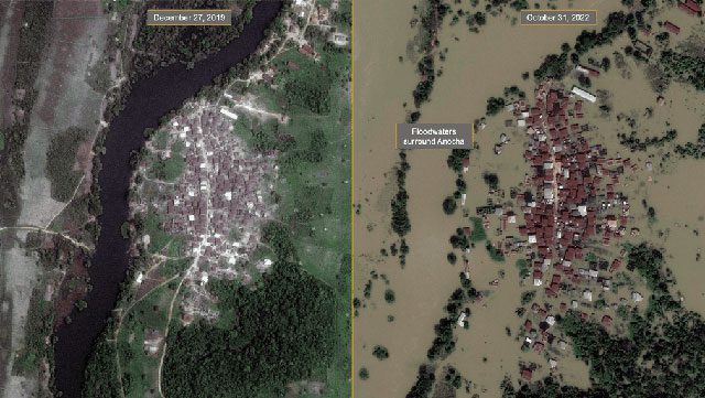 Historic flooding along the Niger River basin in Anocha, Nigeria