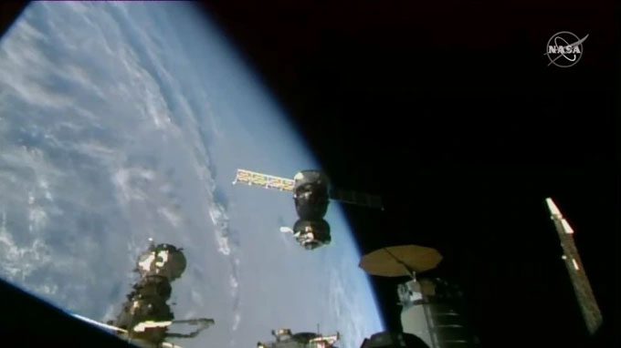 Soyuz MS-22 shortly after undocking from the ISS on March 28.
