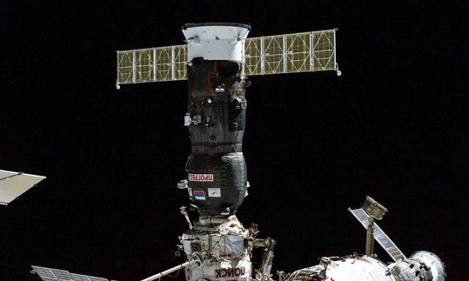 Russian cargo ship Progress 82 docked with the Poisk module on the ISS.